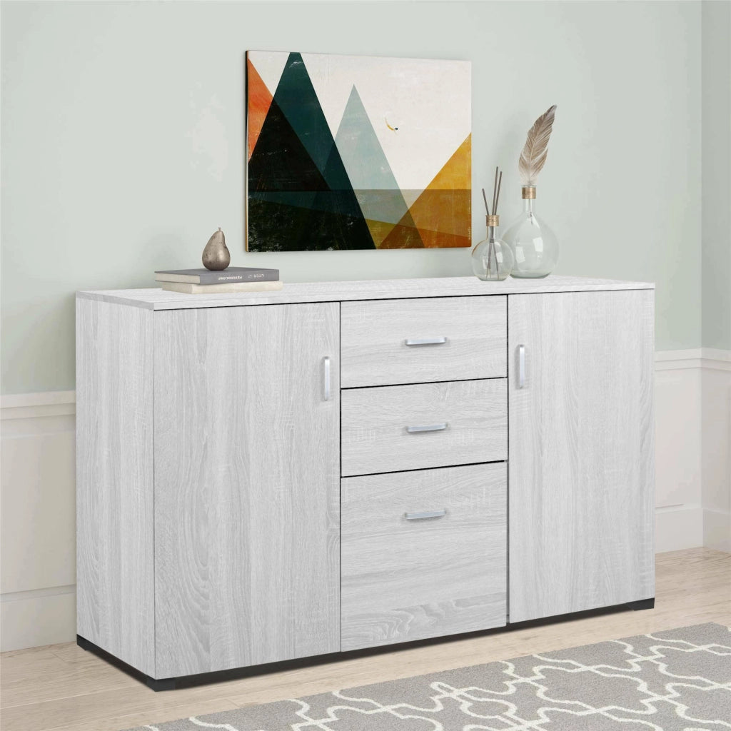 Credenza Apocalypse, Buffet moderno a 3 ante e 2 cassetti, Madia lineare con ripiani, Made in Italy, Cm 120x40h83, Rovere sbiancato
