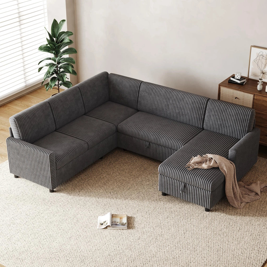 Divano angolare a U con funzione letto, chaise longue contenitore, corduroy grigio, 274¡Á220¡Á85 cm