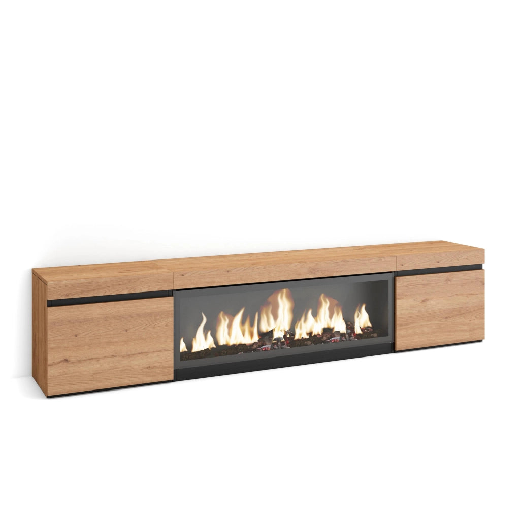 Mobile TV Soggiorno, 208x35x45cm, Per TV fino a 80", Camino elettrico XXL, colore Rovere RF3274