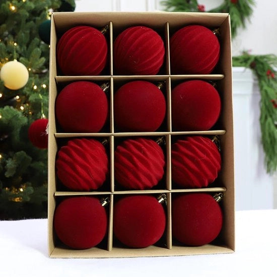 12 pezzi di palloncini di Natale in velluto rosso 6 cm - decorazioni per albero di Natale - palloncini di Natale in velluto rosso 6 cm - set di palloncini di Natale indeformabili - per albero di Natale, vacanza, casa, Natale, decorazione (3 stili)