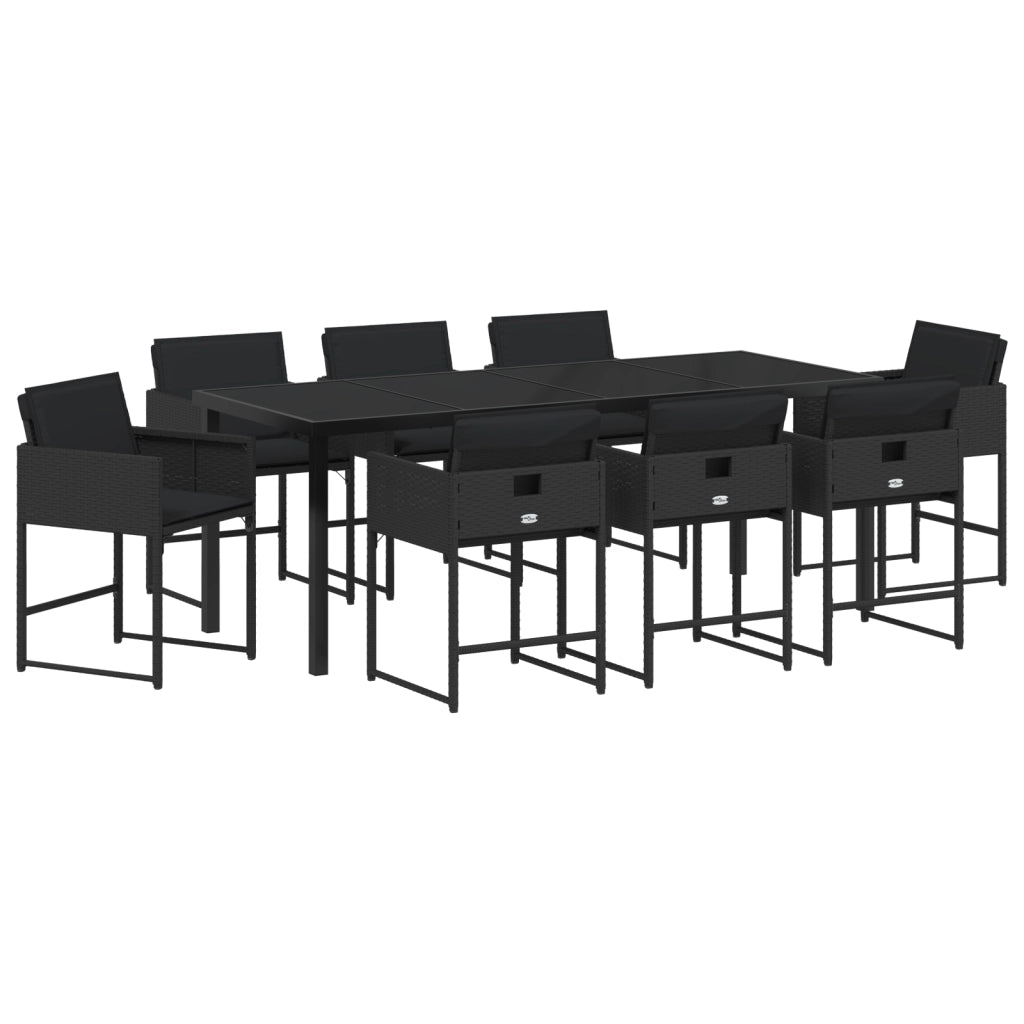 Set da Pranzo da Giardino 9 Pezzi con Cuscini Nero Rattan Polimerico