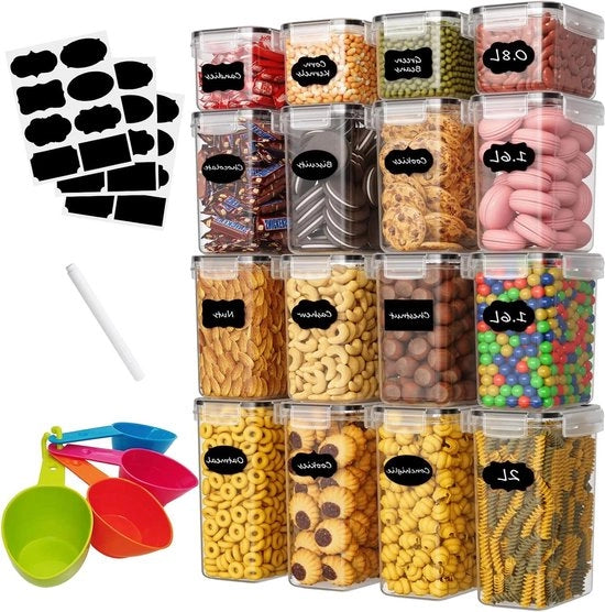 Set di Contenitori Aria Tettone da 16 - Contenitori di Archiviazione per la Cucina - Organizzatore in Plastica per Cereali - 2L 16L 08L