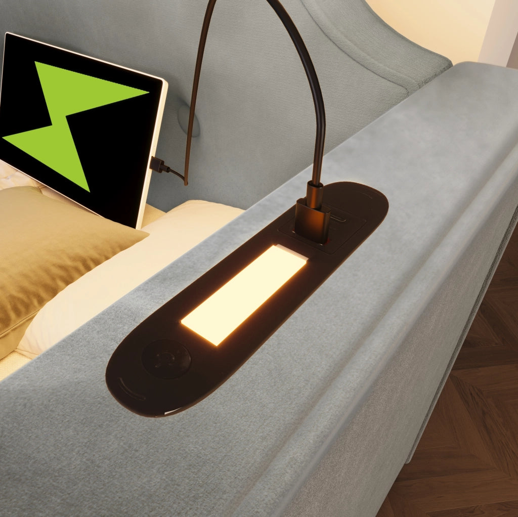 Letto imbottito 90x200 cm in velluto grigio con USB Type-C; luce da lettura e 2 cassetti