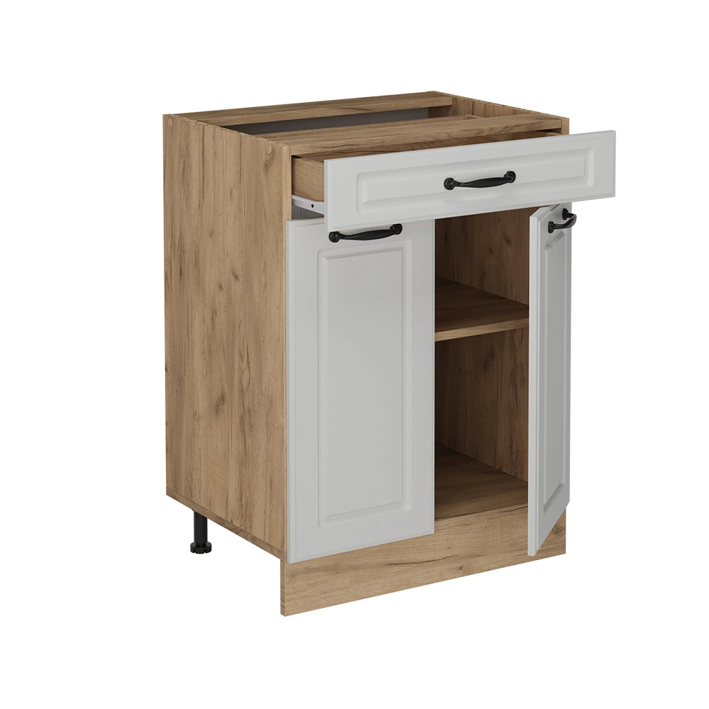 Mobiletto base per cucina R-Line Bianco rustico/Rovere dorato 60 cm con cassetto, senza piano di lavoro Vicco