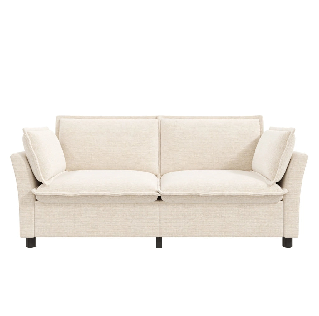Divano 2 posti in ciniglia beige con 2 cuscini