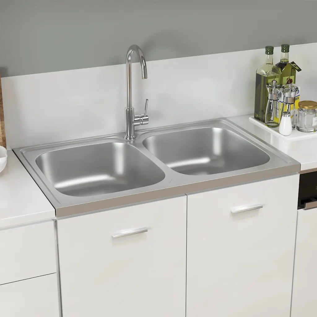 Lavello Cucina Doppia Vasca 800x500x155 mm Argento Acciaio Inox 147234