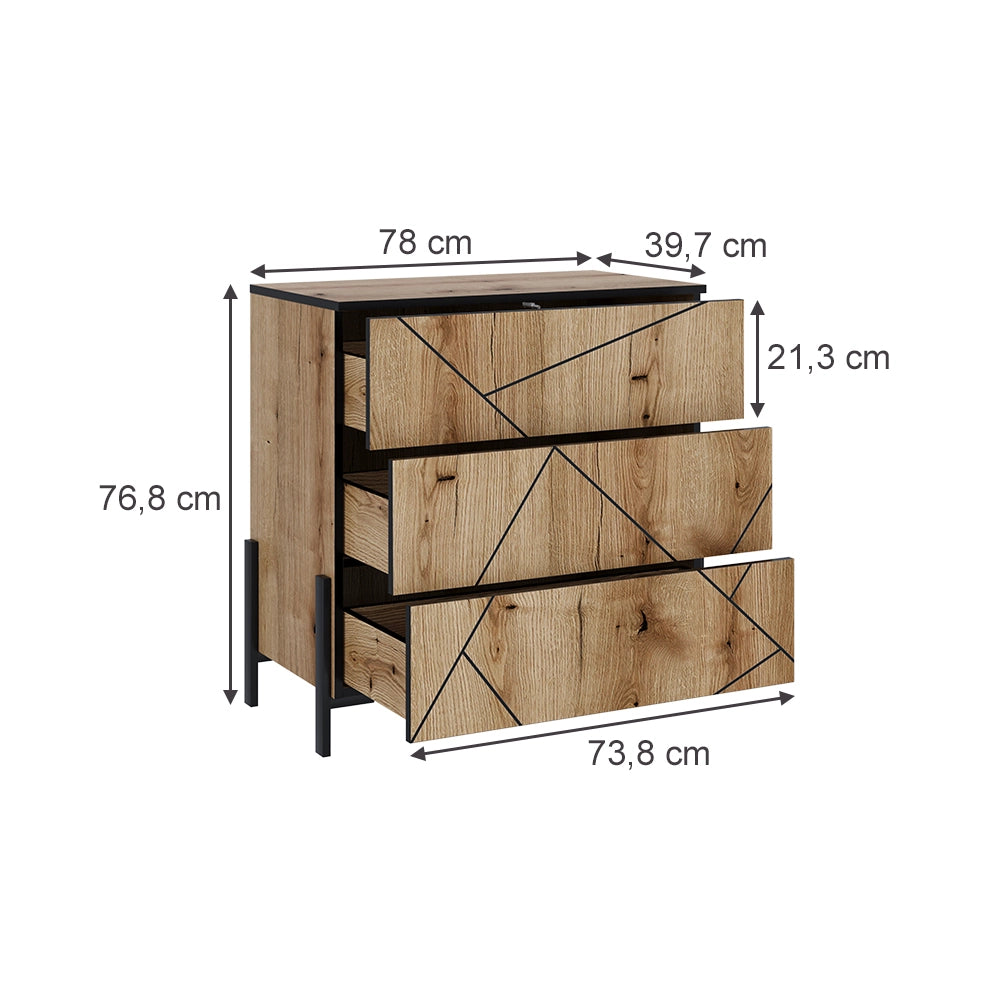 Vicco Cassettiera per camera da letto Rovere 78 x 76.8 cm con 3 cassetti