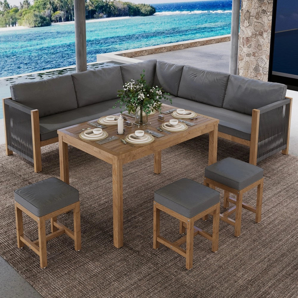 Set da giardino per 7-8 persone - Zephmum - Divano angolare, 3 sgabelli, tavolo, cuscini, polirattan, colore grigio+naturale