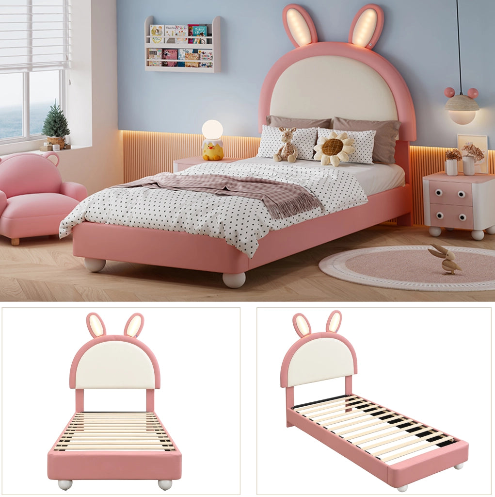Letto imbottito per bambini con testiera a forma di coniglio e LED