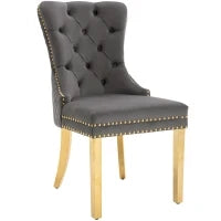 Set di 4 Sedie Grigio Imbottite in Velluto, Decorazioni in Rivetti e Anelli Rotondi, Gambe Dorate, 51x65,5x95 cm