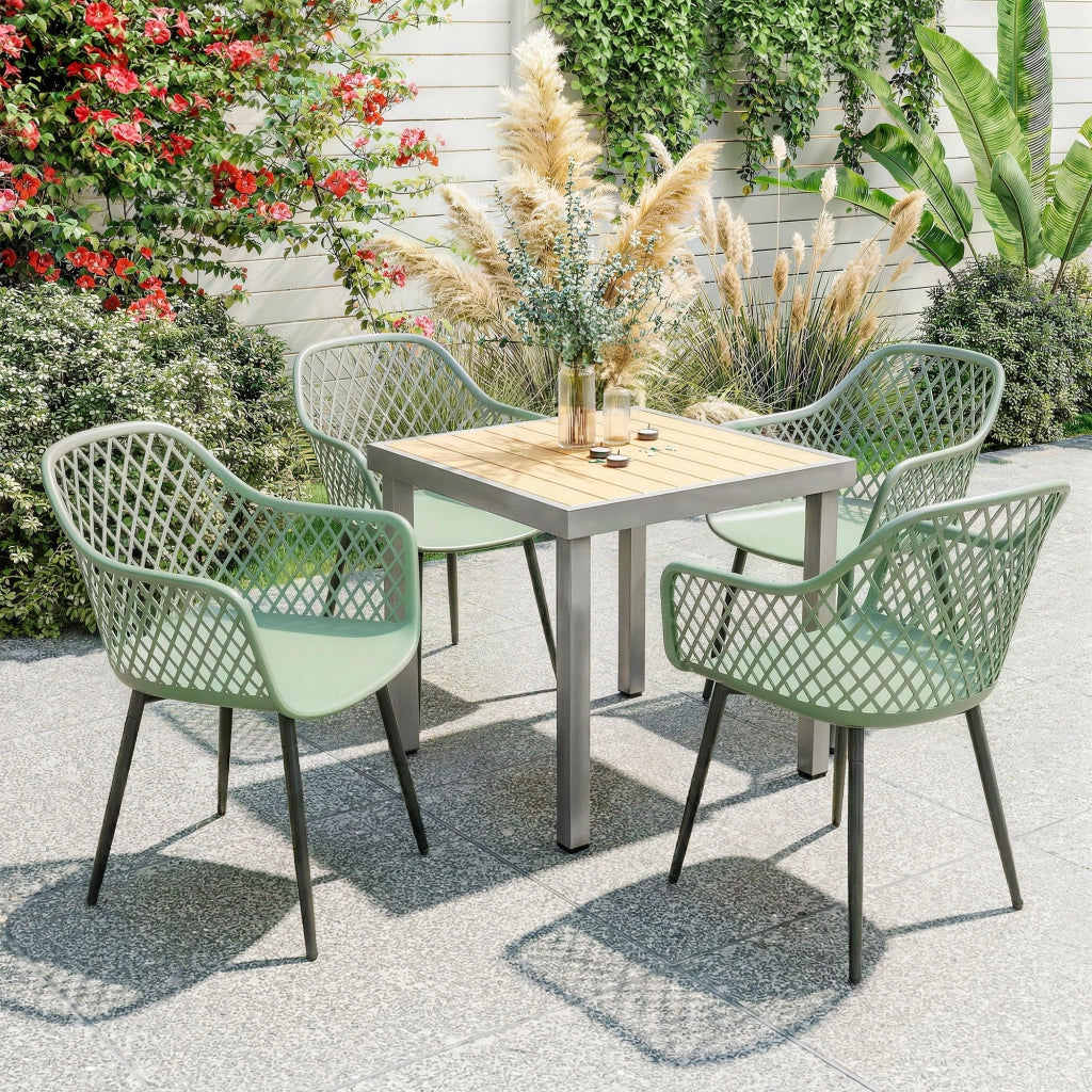 Set 4 Sedie da Giardino 56x51x84 cm con Schienale Diamantato e Braccioli in Metallo e PP Verde