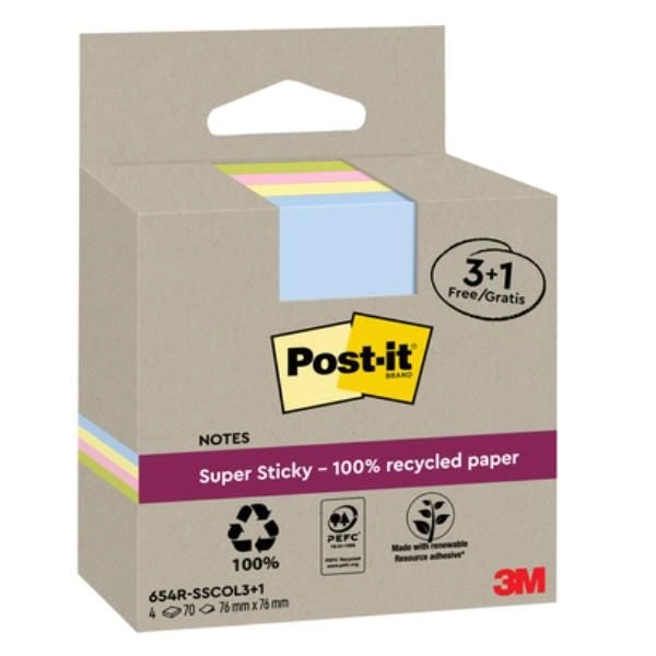 Foglietti riposizionabili post-it�super sticky carta riciclata al 100% assortiti 76x76 mm - 18 blocchetti da 70 ff - 124766