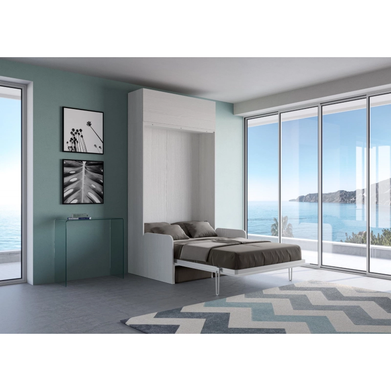 Letto a scomparsa 140 verticale Kentaro Sofà con pensile vasistas - ALESSIA 20 - Bianco Frassino