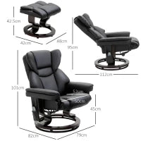 Poltrona Relax con Pouf Poggiapiedi e Funzione Massaggio, Reclinabile a 145° e Girevole a 360°, Nero