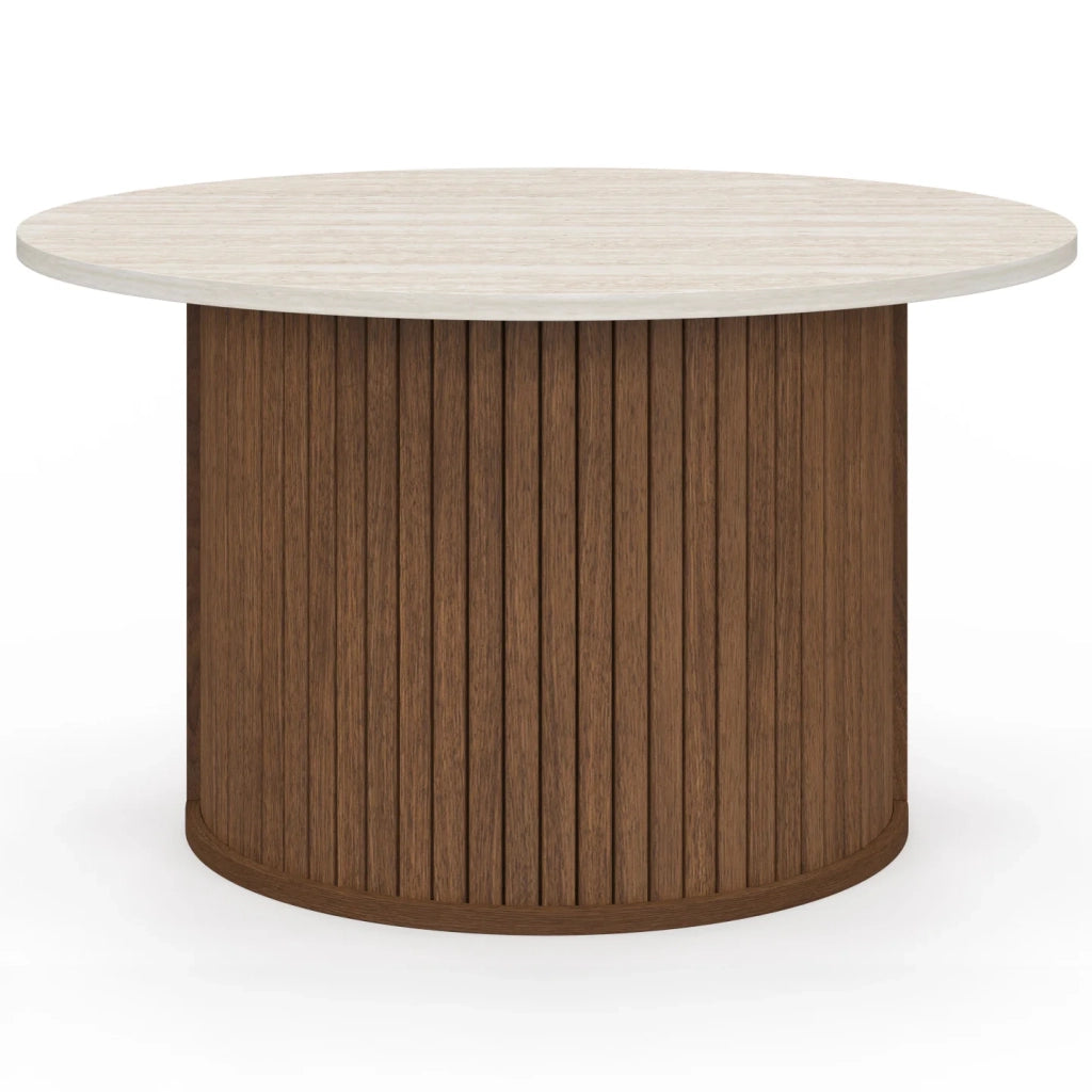 IDMarket - Tavolino rotondo JULIETTE da 70 cm con doghe effetto noce e piano in travertino