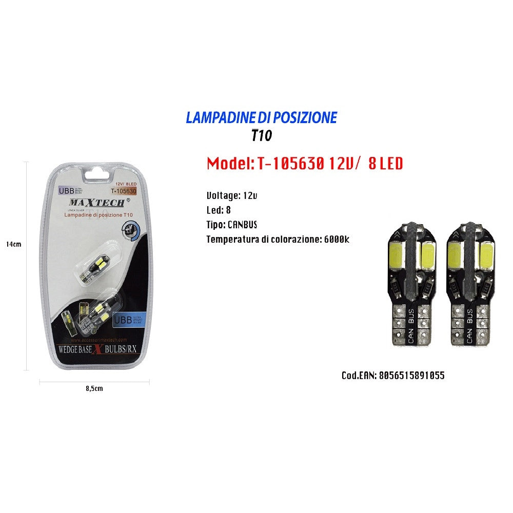 Trade Shop - Lampadine Di Posizione T10 Maxtech T-105630 12v 8 Led Lampadine Ultra Luminose -
