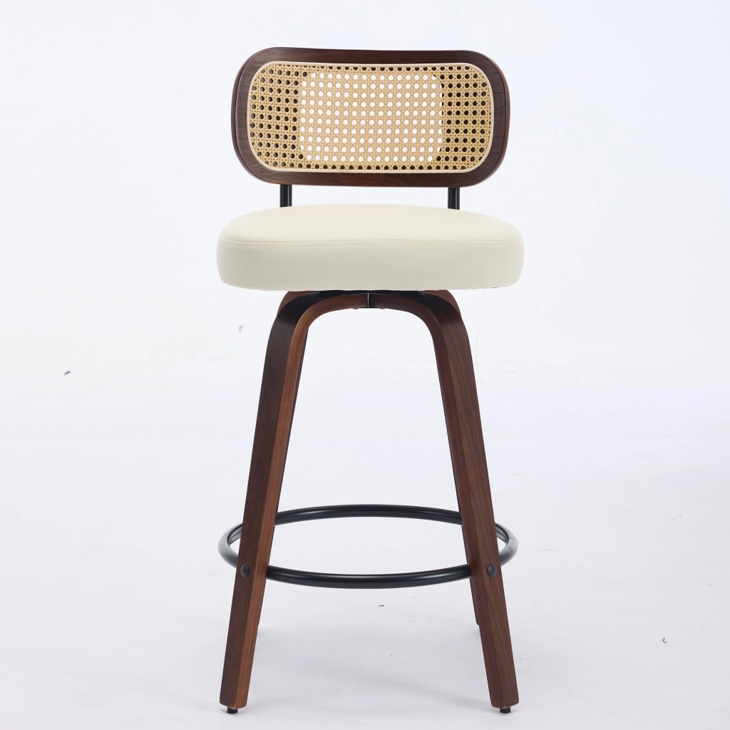 Set di 3 Sgabelli da Bar Girevoli con Schienale in Paglia di Vienna e Seduta Imbottita; Poliuretano; Beige