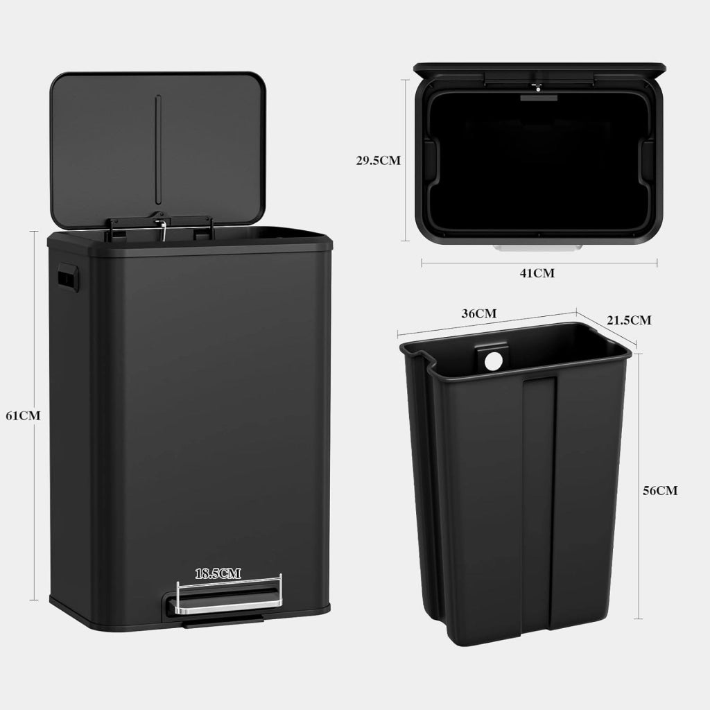Pattumiera da cucina, 40 l, con secchio interno, con coperchio, chiusura morbida, pattumiera a pedale in acciaio, pedale, per ufficio, famiglia, colore nero