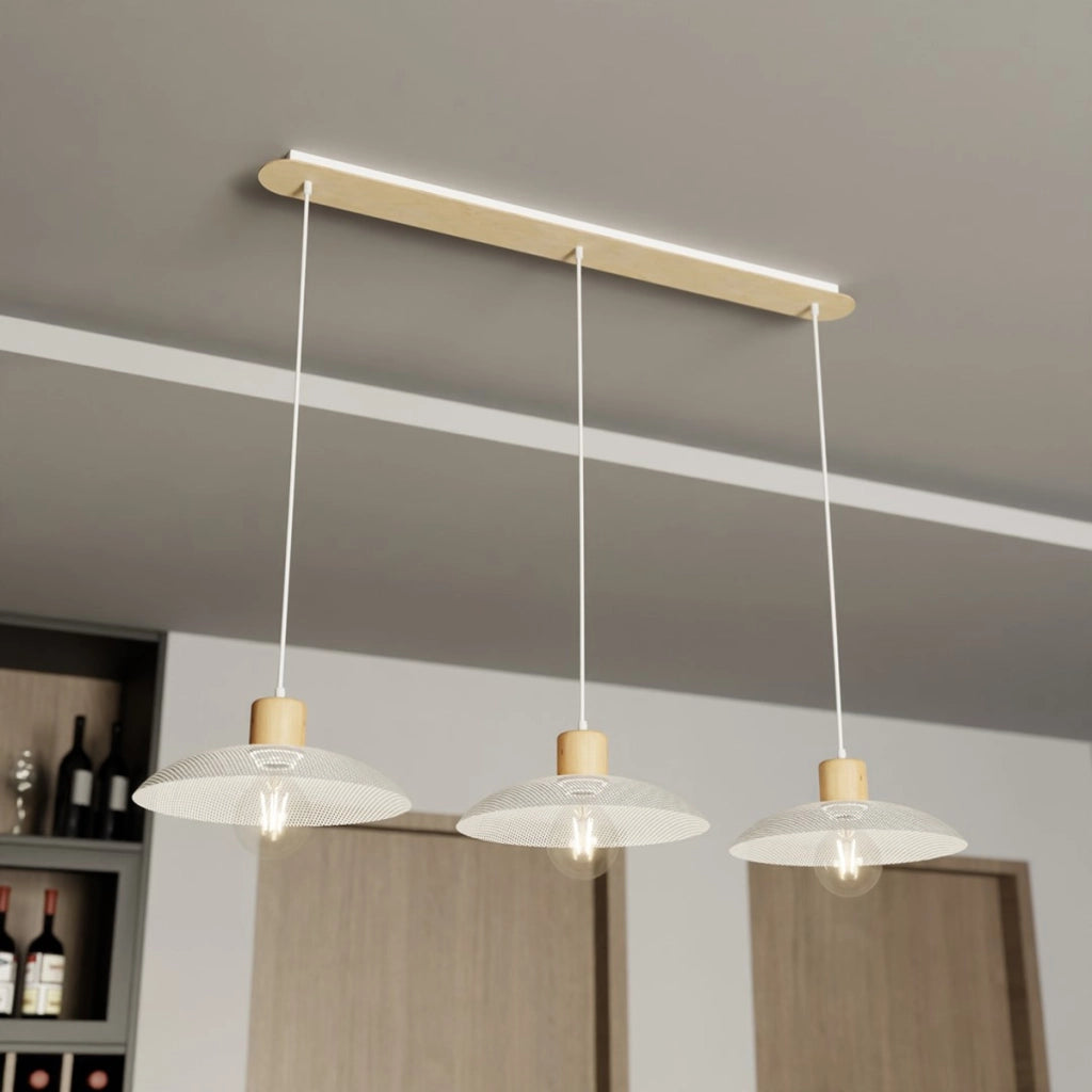 Lampada a sospensione KOBE 3 in acciaio bianco opaco e legno