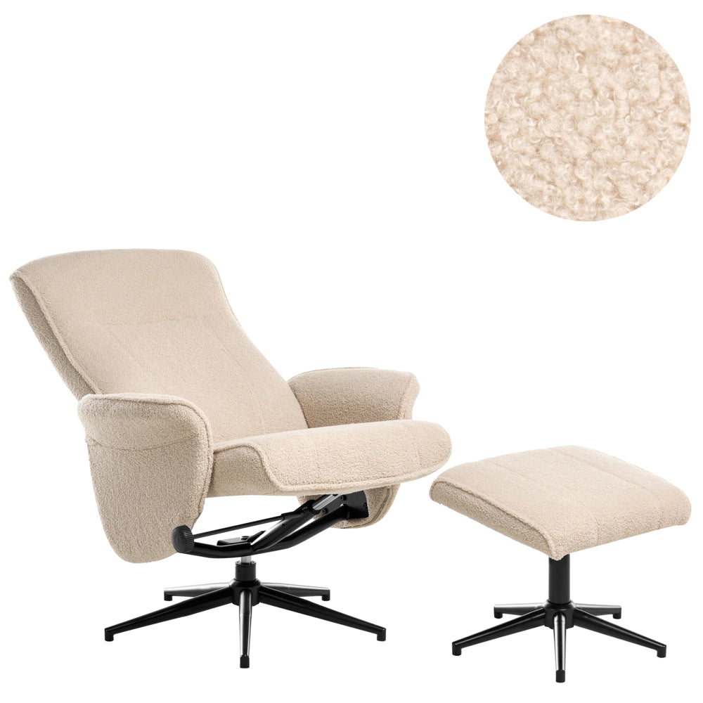 Poltrona reclinabile Beige con poggiapiedi Tessuto Boucle Girevole Struttura in metallo Design retrò