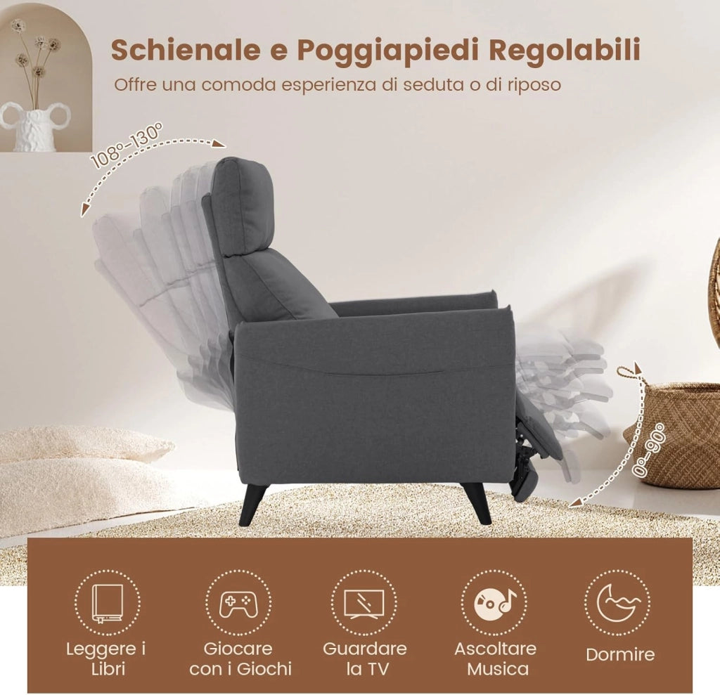 Poltrona Reclinabile, Poltrona in Tessuto di Lino con Schienale e Poggiapiedi Regolabili, Sedile Morbido Imbottito, 2 Tasche, per Soggiorno Camera da Letto, Carico 120 kg (Grigio scuro)