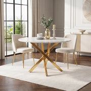 Tavolo da pranzo rotondo con piano effetto marmo e gambe incrociate dorate, per cucina e soggiorno, in MDF, oro bianco