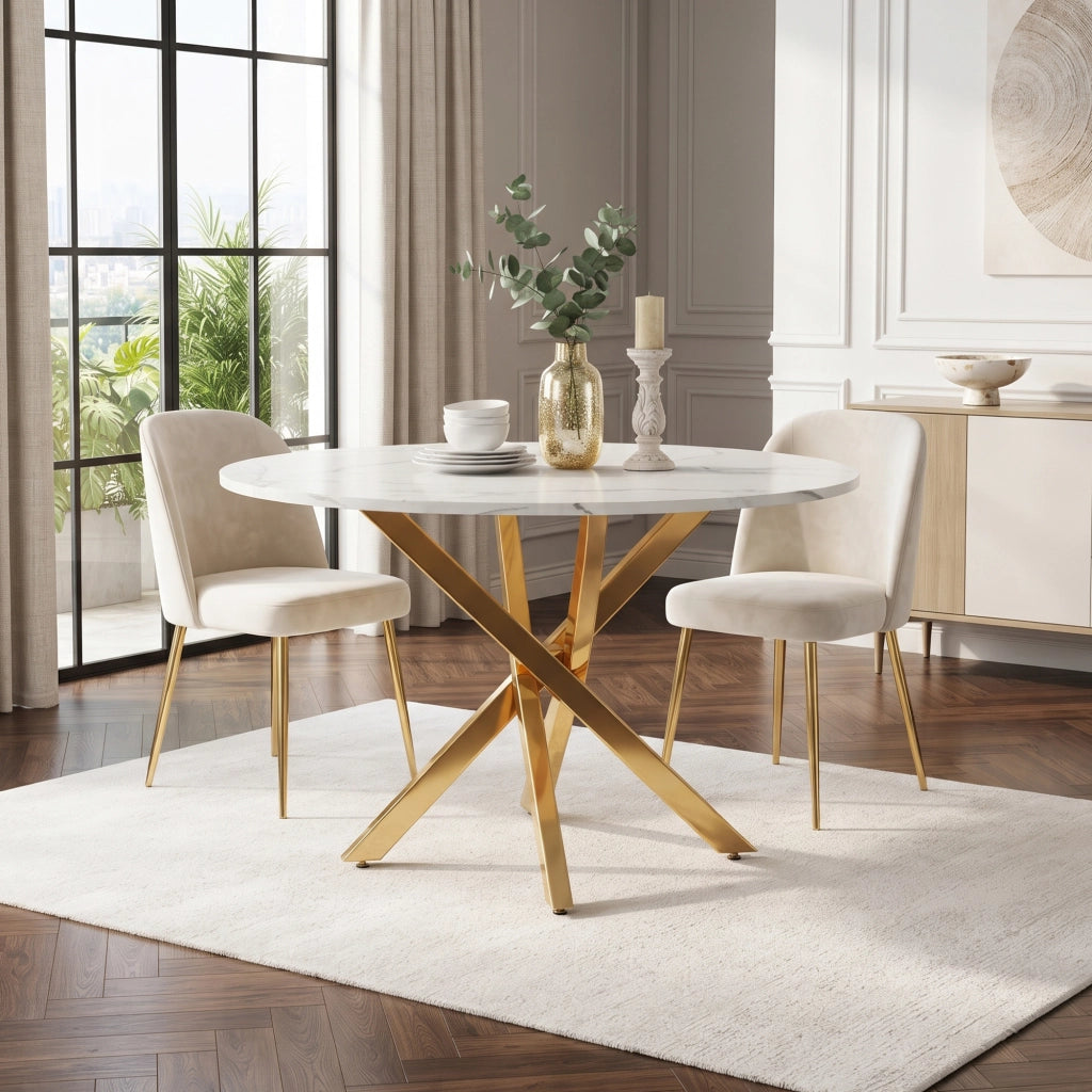 Tavolo da pranzo rotondo con piano effetto marmo e gambe incrociate dorate, per cucina e soggiorno, in MDF, oro bianco