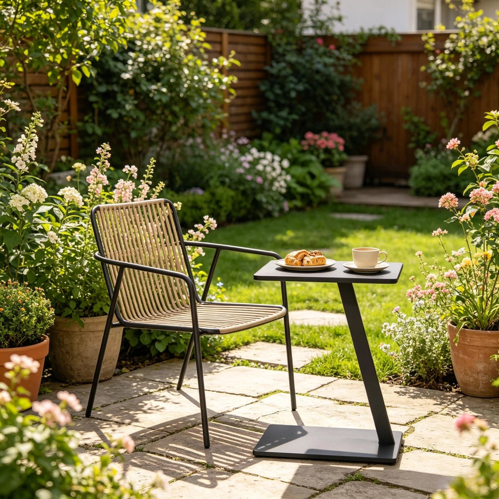 Tavolino basso a C con piano in MDF e struttura in metallo, nero, per soggiorno e camera da letto, 48 × 64,5 × 33 cm