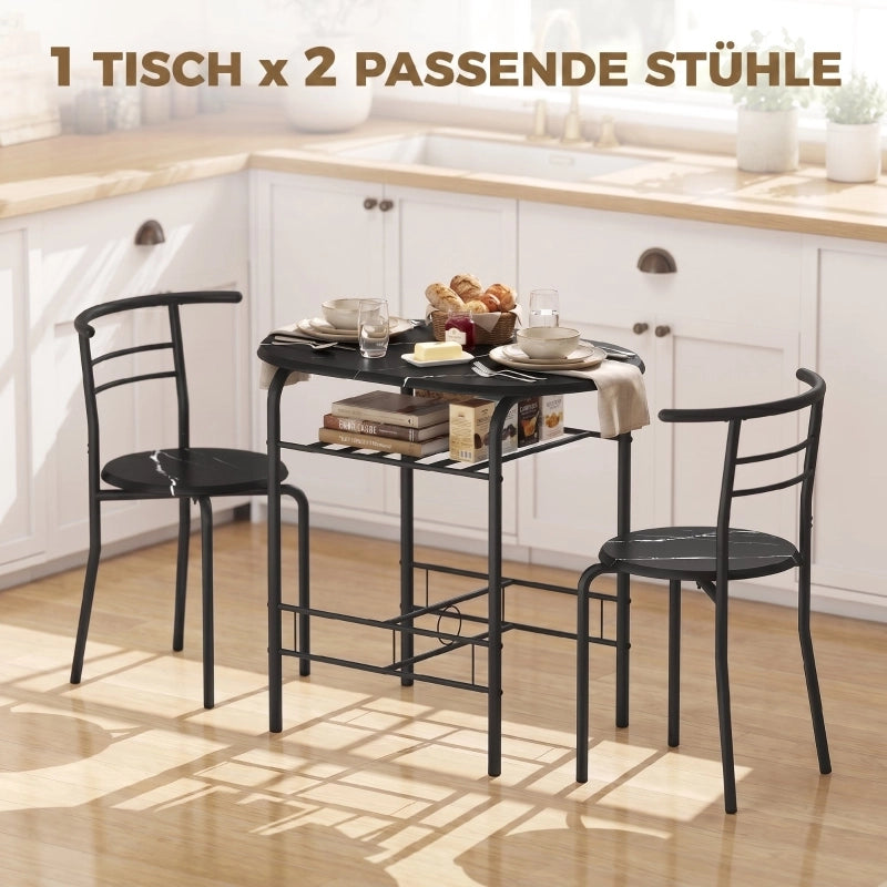 TAVOLO Set 3 pezzi con 2 sedie 80x52x76 cm Nero effetto marmo