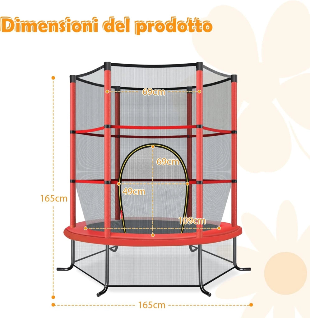 Trampolino Elastico Bambino in Acciaio, Tappeto Elastico Bambini da Esterno e da Interno, con Rete e Cusicnetti Antiscivolo（Rosso)
