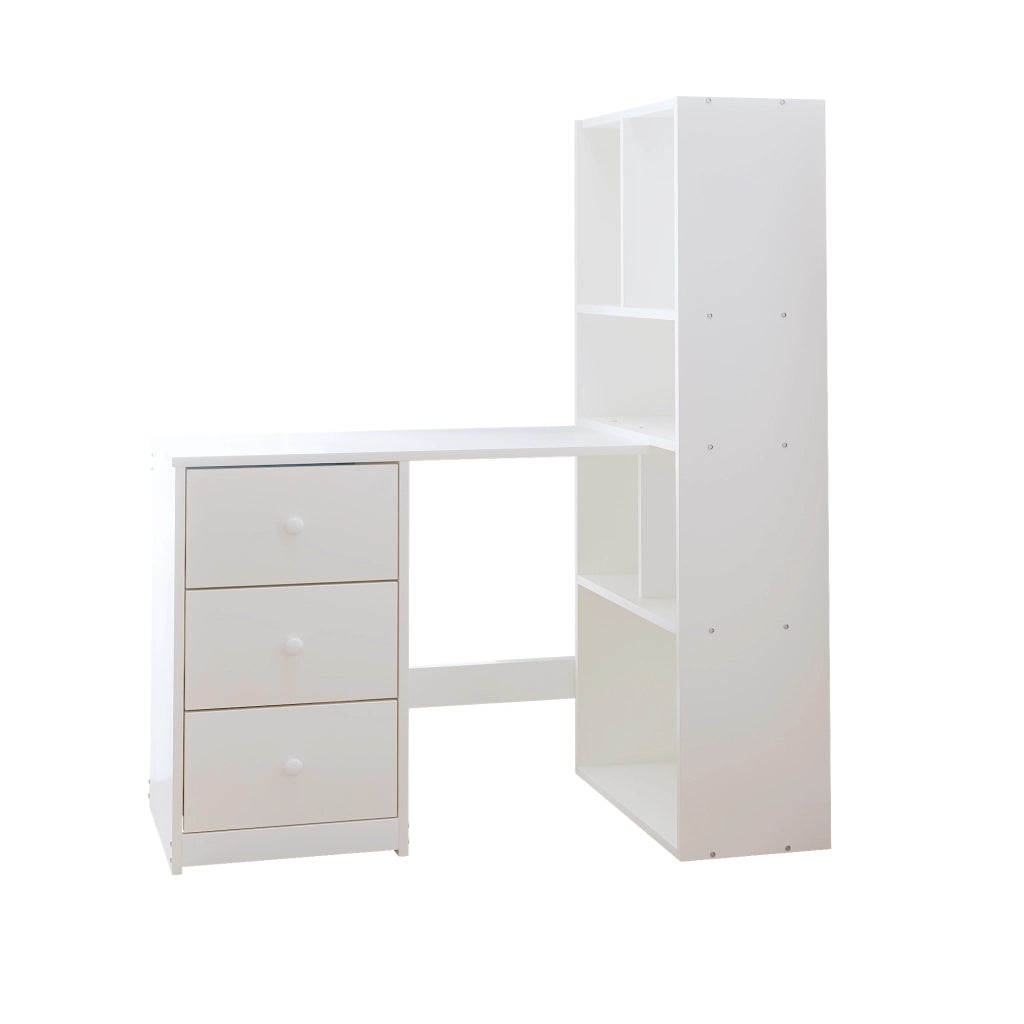Scrivania angolare con libreria 4 ripiani e 3 cassetti per home office in legno bianco 117 × 63 × 135 cm