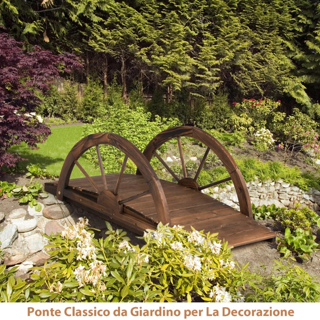 Ponte in legno da giardino da 1m-Passerella ad arco con doppia ringhiera a mezza ruota in legno di abete Caffè