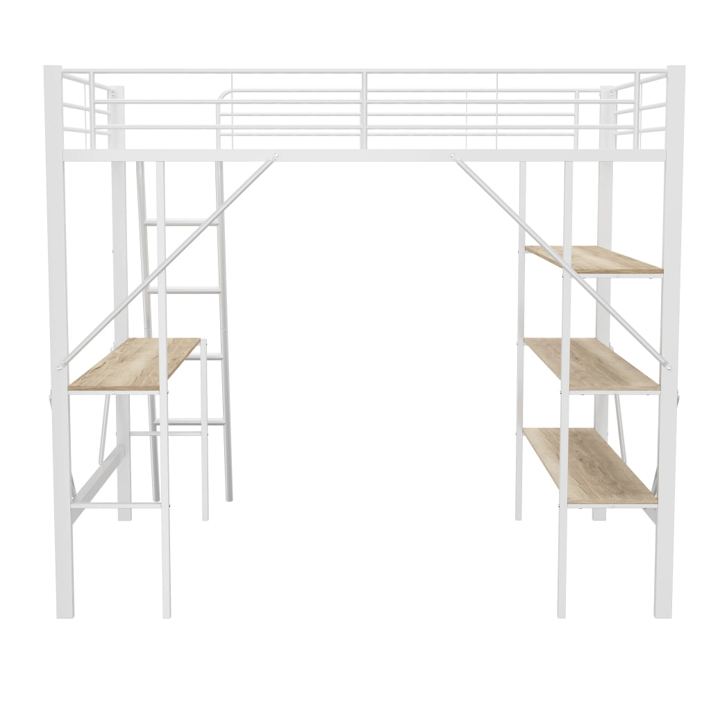 Letto a soppalco; Letto singolo con scrivania e 3 ripiani; 90×200 cm; senza materasso; metallo e MDF; Bianco