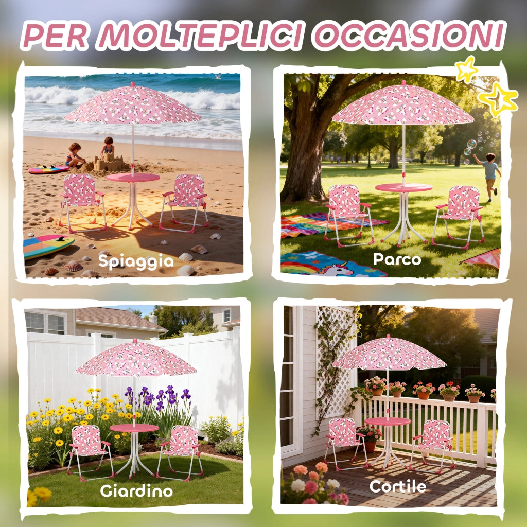 Tavolo da Picnic per Bambini Set Tavolo e Sedie con Ombrellone Rosa