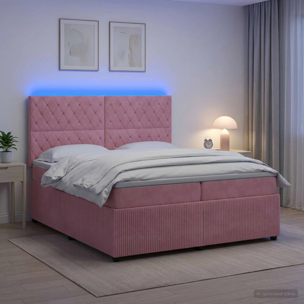Letto Box Spring LED con Materasso Rosa 200 x 200 cm Velluto 3456136