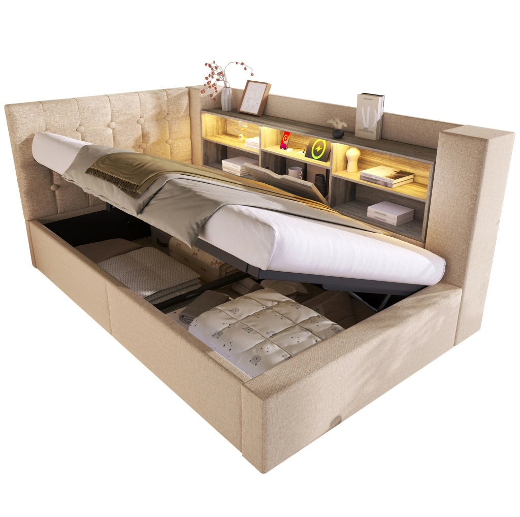 Letto imbottito 90x190 cm beige con LED, ricarica USB-C e vano idraulico
