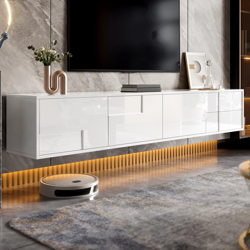 OKWISH Mobile TV con 3 Ante e 2 Cassetti, Montaggio a Parete o a Terra, Frontali senza Maniglie, Soggiorno, MDF, 170 x 30 x 30.5 cm