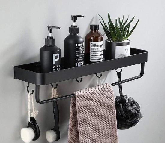 Opbergrek da Parete con Hanger, Pannello Bagno, Spaziale, Inox, Portaoggetti con 4 Ganci e Maniglia (60 cm)