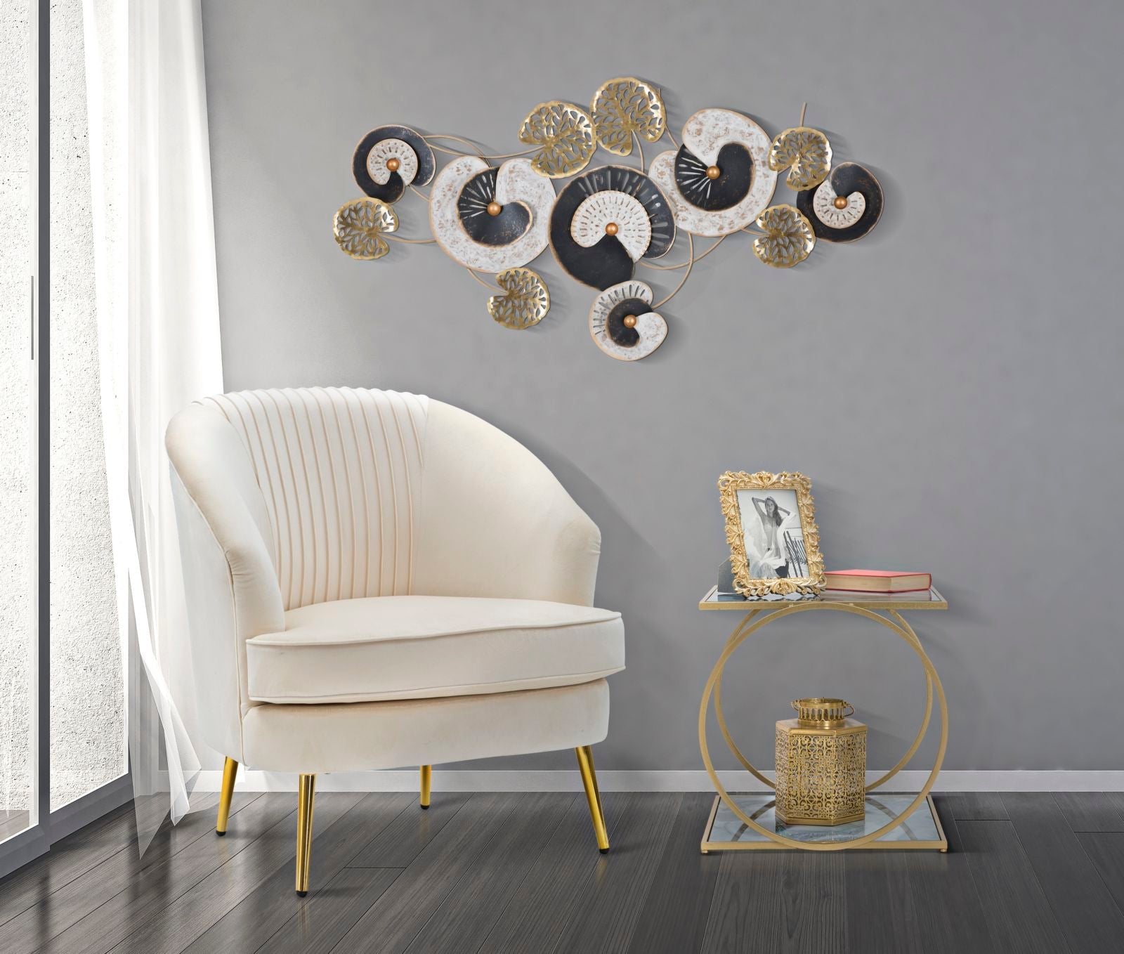 Tavolinetto Glam 2 Level 52,5x50x51 cm in Ferro MDF e Vetro Oro e Multicolor