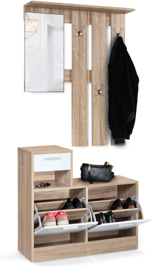 Mobile da ingresso, appendiabiti con specchio, design in legno faggio e ante bianco PAULIN