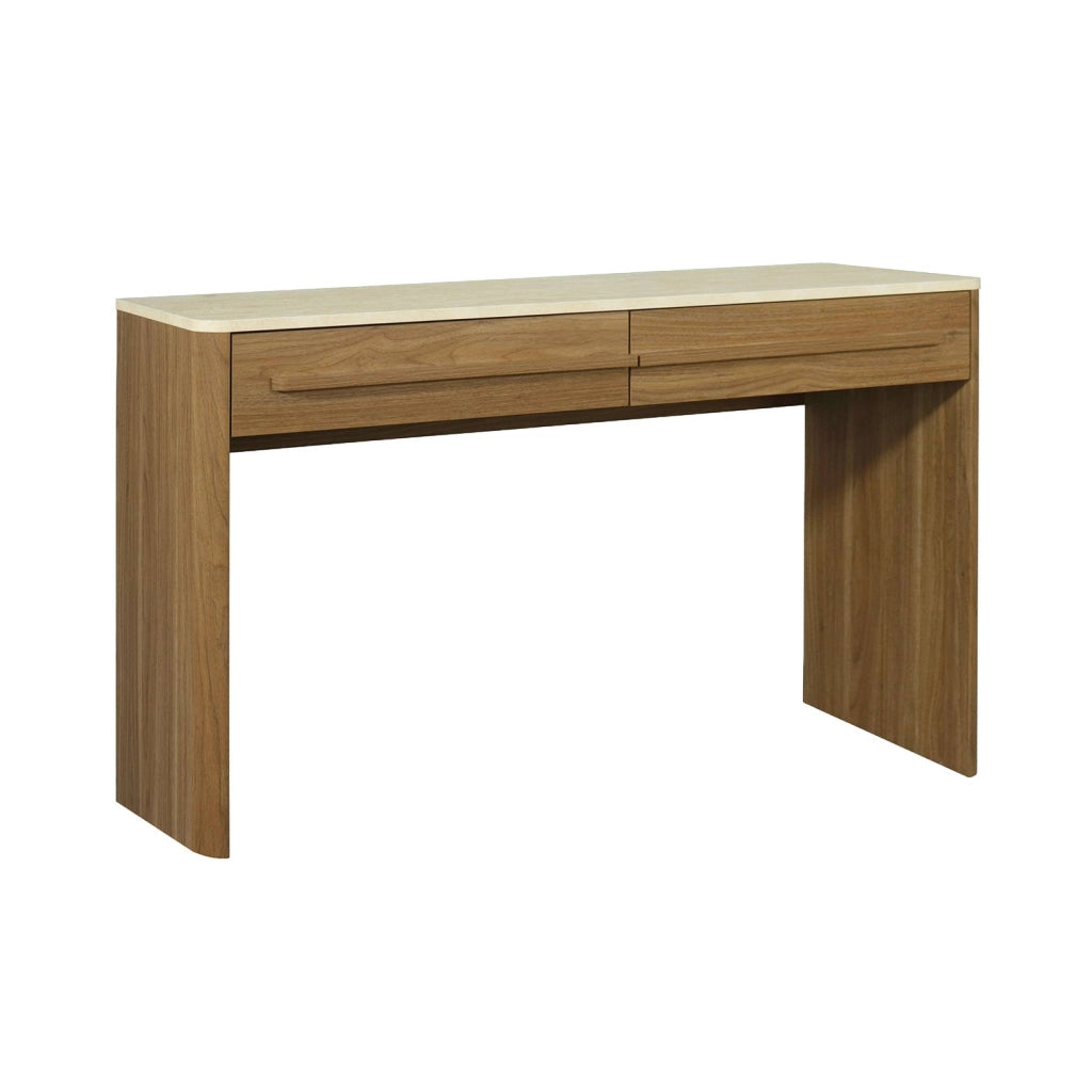 Consolle decorativa in legno e effetto travertino con 2 cassetti