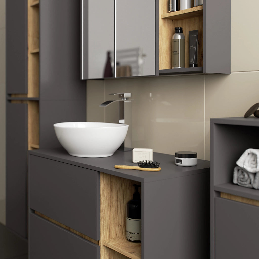 Set di mobili da bagno sospesi VAMI in Grigio Grafite con interno Rovere Artisan con fori per lavabo da appoggio