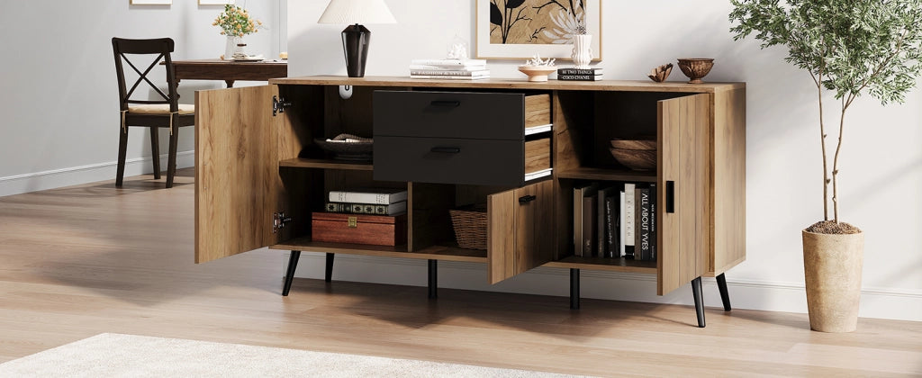 Credenza e madia con 2 cassetti 3 ante e 7 vani per soggiorno e sala da pranzo in MDF nero e legno 140 × 35 × 67 cm