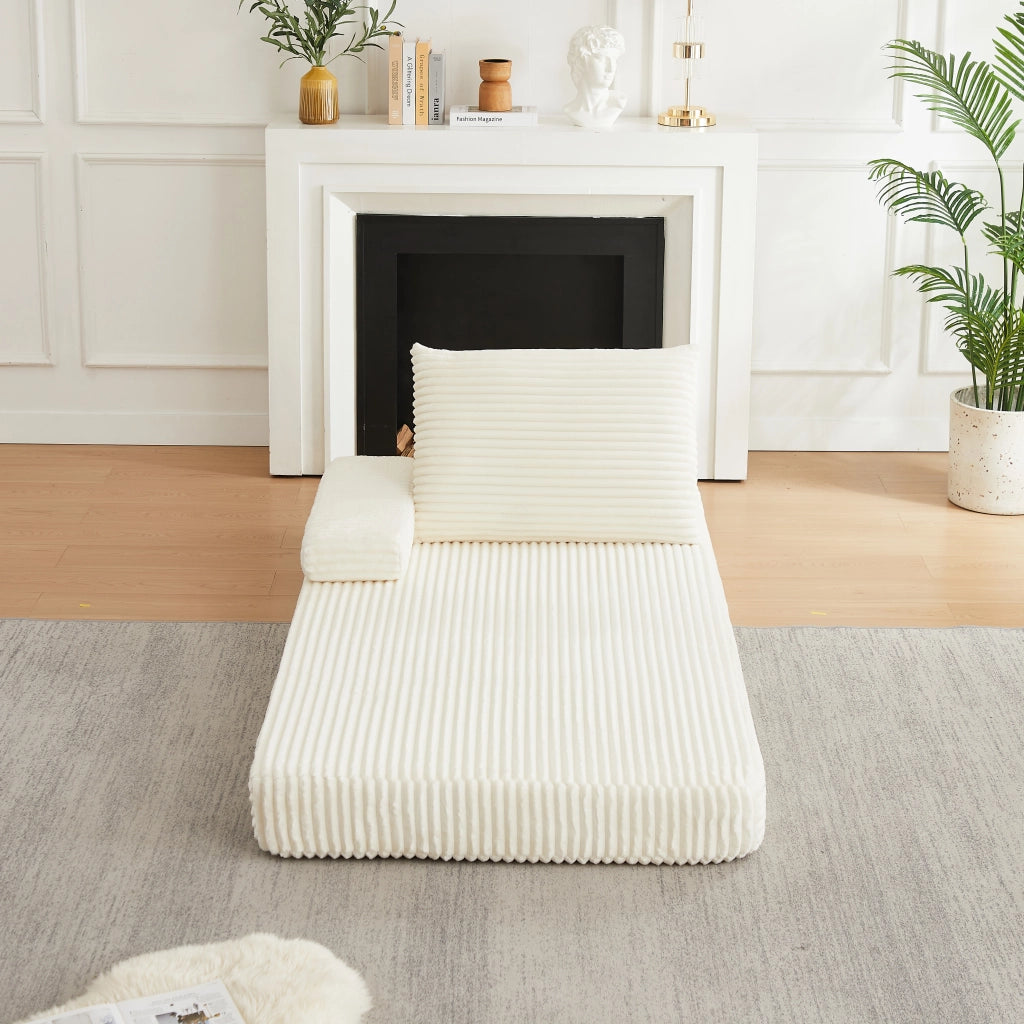 Divano modulare in corduroy beige da 211 cm, componibile, con schienali triangolari e braccioli riposizionabili