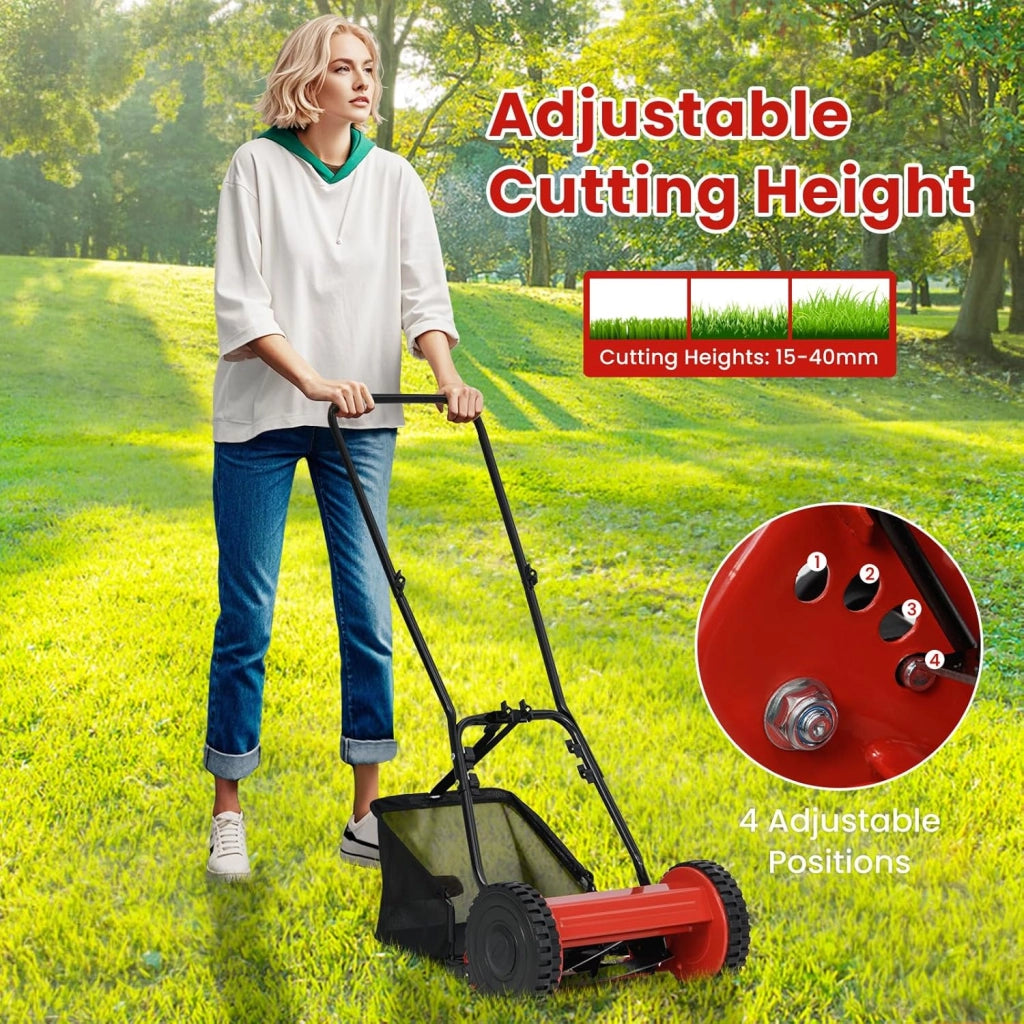 Tosaerba manuale a cilindro, tosaerba con larghezza di taglio di 30 cm, vassoio di raccolta 18,5 l, altezza di taglio regolabile a 4 livelli 15-40 mm, 5 lame in metallo