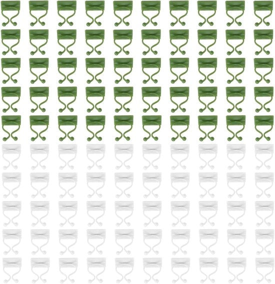 Clip di fissaggio per piante - 100 pezzi di clip per piante - clip autoadesive per sostegno di piante da giardino - decorazione a trazione - bianco e verde