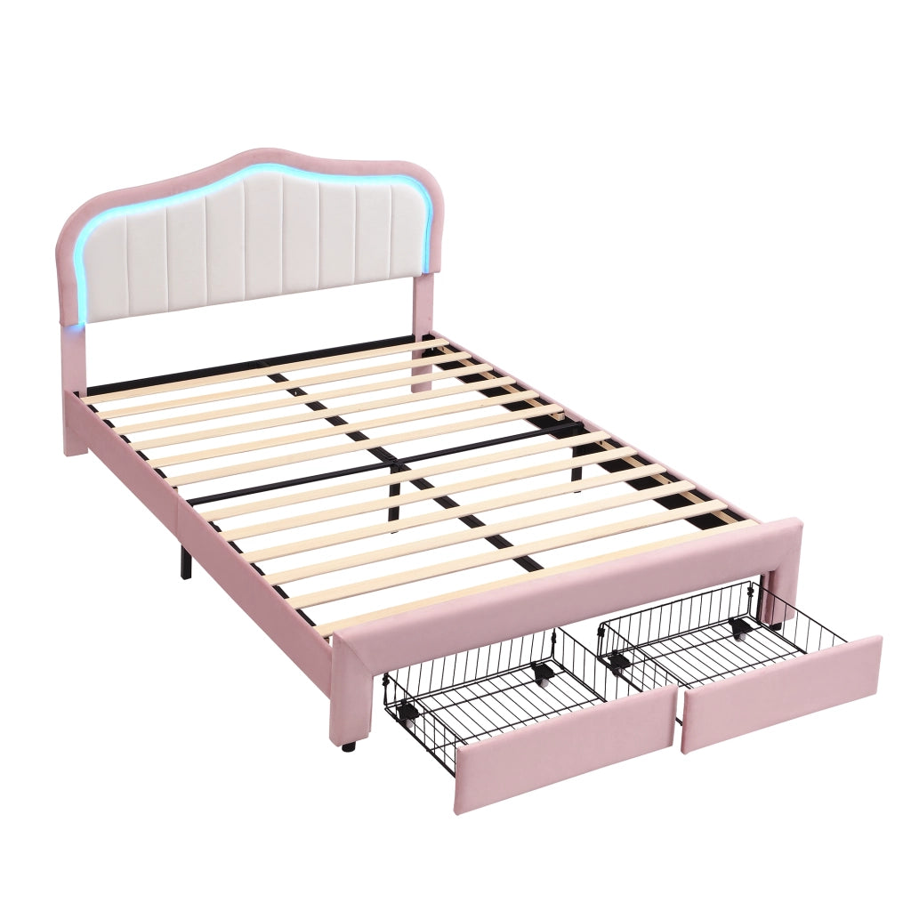 Letto imbottito rosa 140x200 cm con due cassetti LED controllata da app in velluto