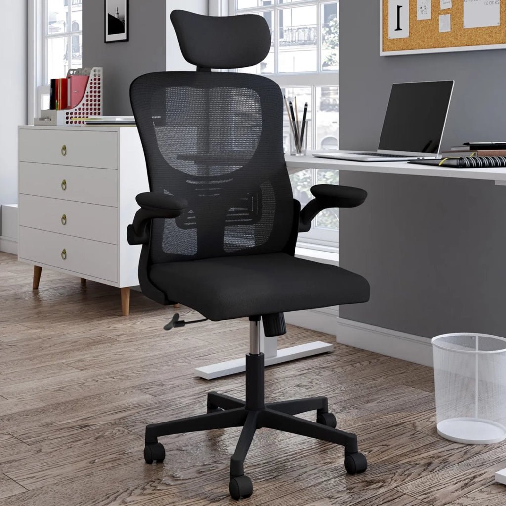 IDMarket - Silla de oficina JAMES en tejido transpirable y reposacabezas con ruedas negras