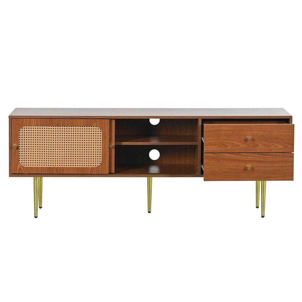 Mobile TV con Ante Scorrevoli in Rattan e Cassetti ¨C Xylo ¨C Noce, 160x40x60 cm