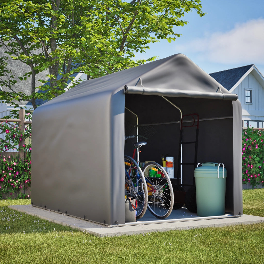 Tenda Garage per Biciclette 160x220x165 cm Grigia con Telo PE Impermeabile, Porta Avvolgibile e 8 Picchetti